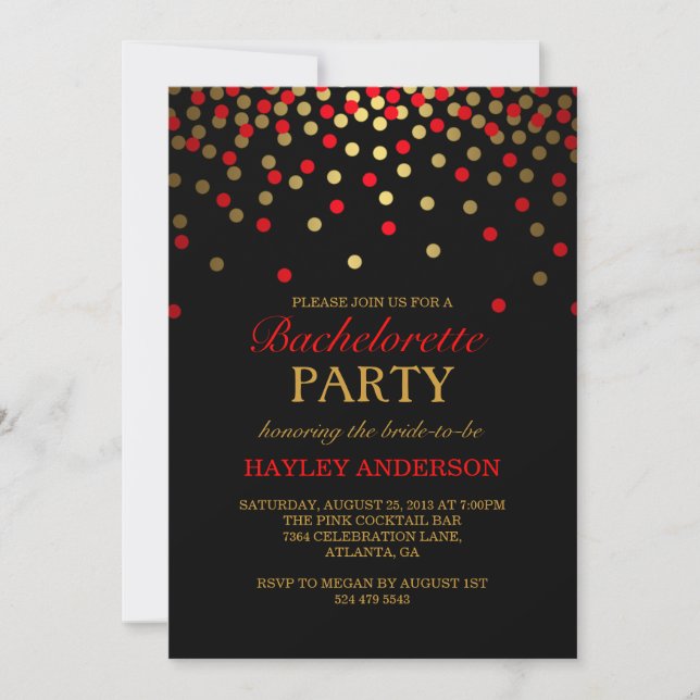 Inbjudan till Red & Guld Confetti Bachelorette (Framsida)