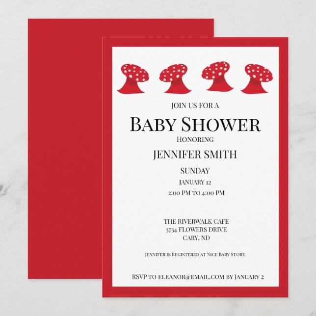 Inbjudan till Red Mushroom Baby Shower (Fram/baksida)
