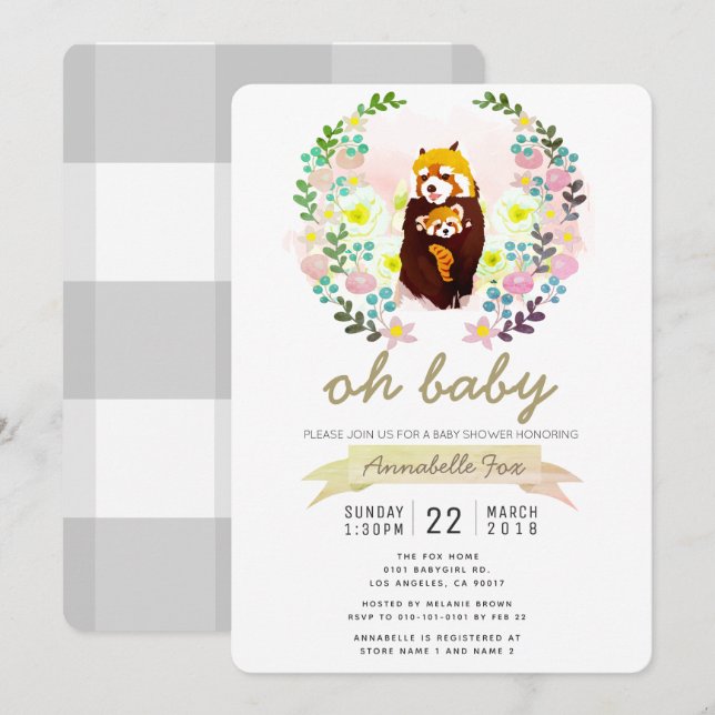 Inbjudan till Red Panda Blommigt Wand Baby Shower (Fram/baksida)