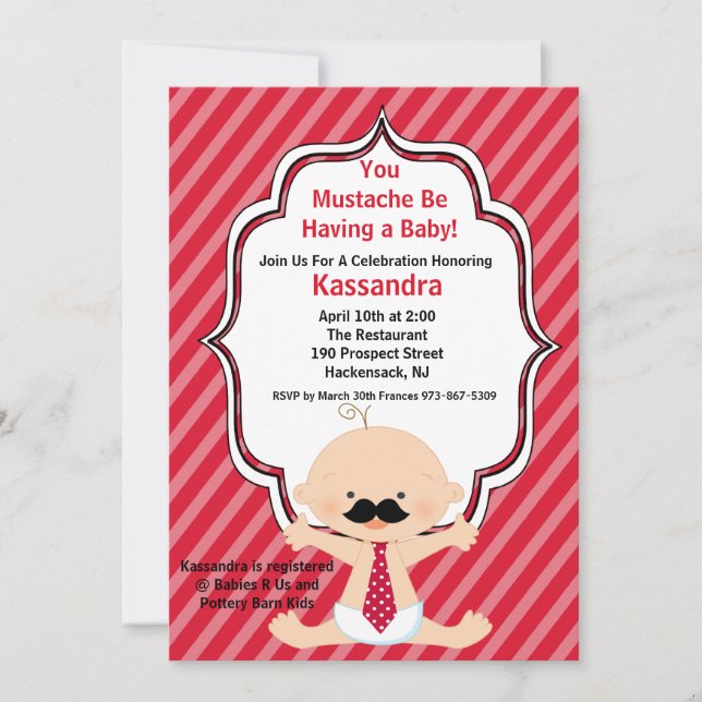 Inbjudan till Red Stripe Mustache Baby Shower (Framsida)
