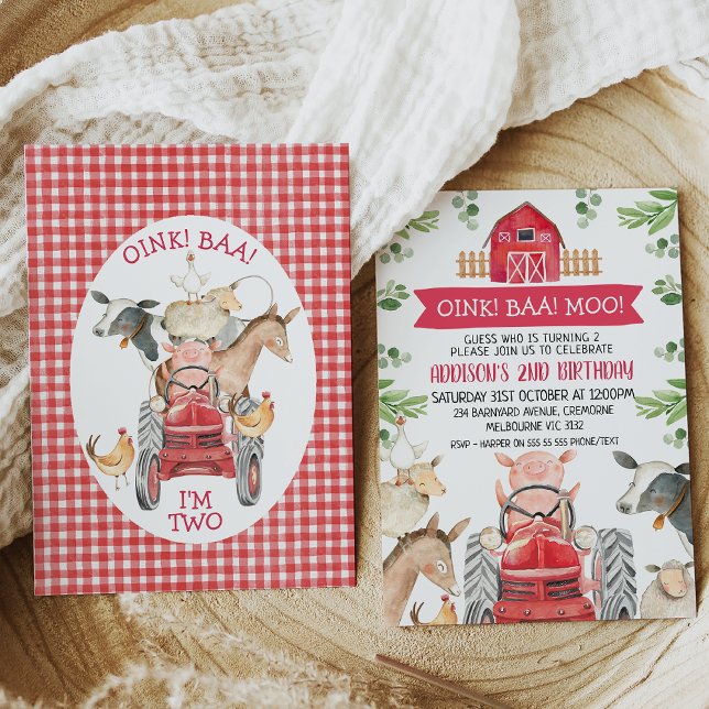 Inbjudan till Red Tractor and Barn Farm Birthday (Kids red farm birthday invitation featuring a red barn, red tractor and various cute farm animals.)