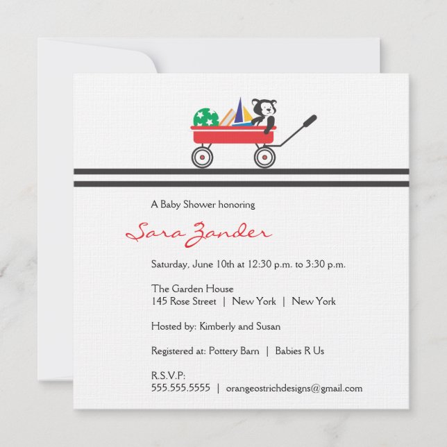 Inbjudan till Red Wagon Baby Shower (Framsida)