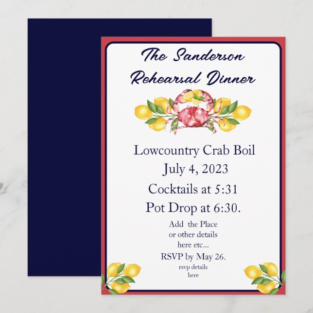 Inbjudan till Red White och Blue Lemom Crab Boil (Fram/baksida)