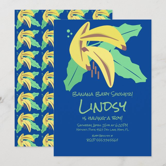 Inbjudan till Retro Banana Blue Boy Baby Shower (Fram/baksida)
