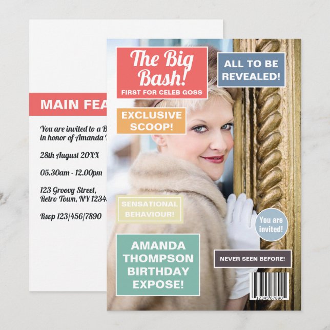 Inbjudan till Retro Birthday Magazine Cover (Fram/baksida)