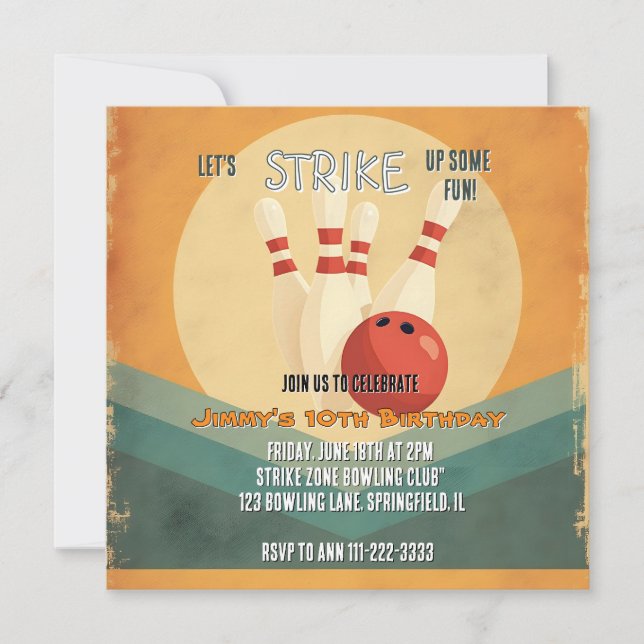 Inbjudan till Retro Bowling Barns födelsedag-parti (Framsida)