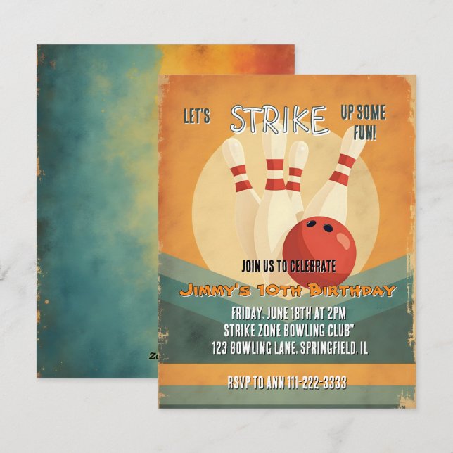 Inbjudan till Retro Bowling Barns födelsedag-parti (Fram/baksida)