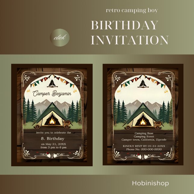 inbjudan till retro Camping-födelsedagspojke (retro camping boy birthday invitation)