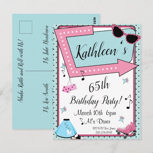 Inbjudan till retro-födelsedagsfest för alla åldra (Fram/baksida)