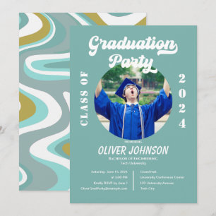 Inbjudan till Retro Funky Blue och Guld Studenten