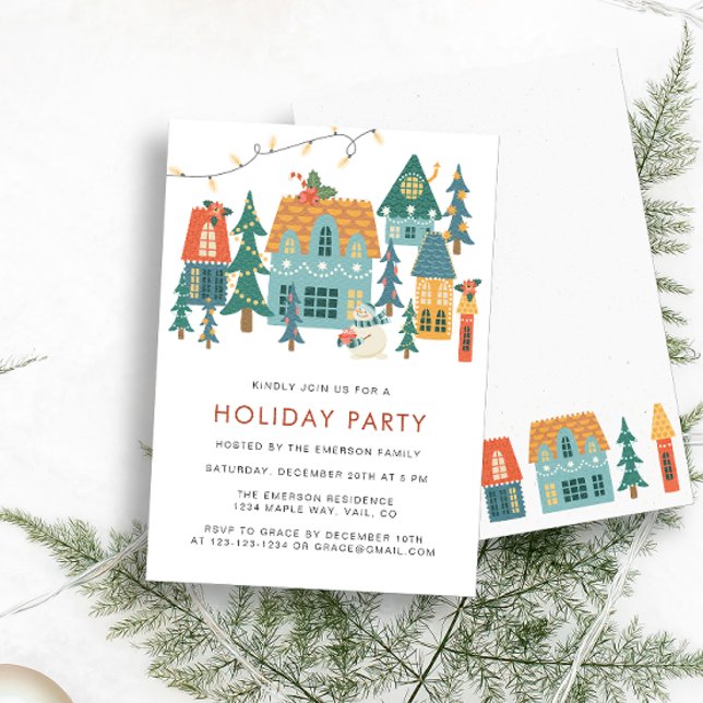 Inbjudan till Retro-Helgdag julfest (Retro Houses Holiday Party Invitation by Painted Paperie)