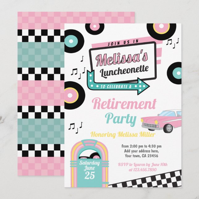 Inbjudan till Retro Luncheonette Diner-fest (Fram/baksida)