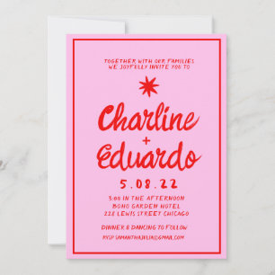 Inbjudan till Retro Rosa- och Red Handwrite-bröllo