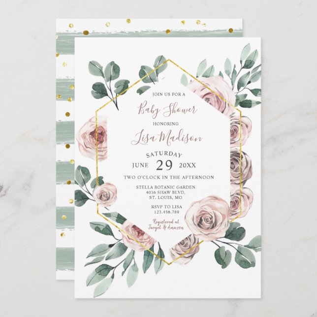 Inbjudan till Ro Blommigt Grey Baby Shower (Fram/baksida)