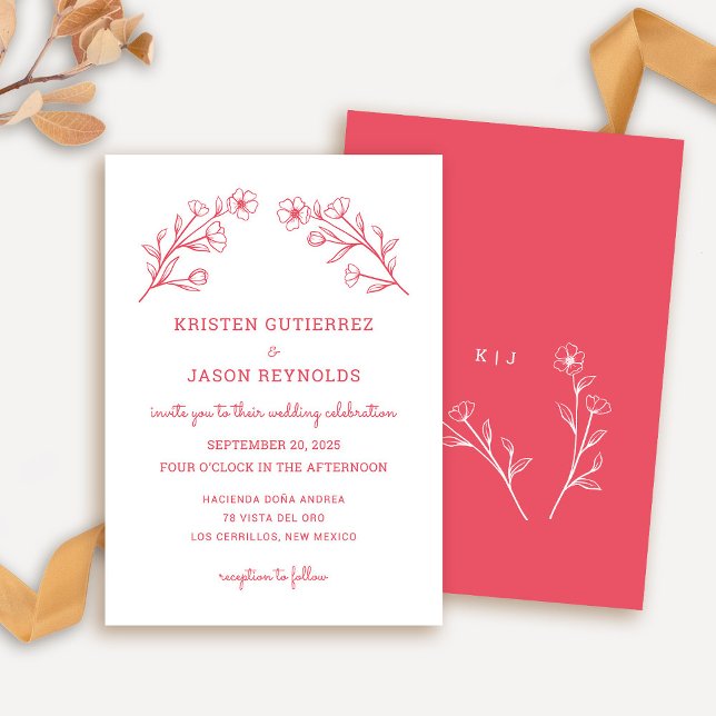 Inbjudan till Ro Red Wildblomsbröllop (Wildflower Wedding Invitation in Rose Red)