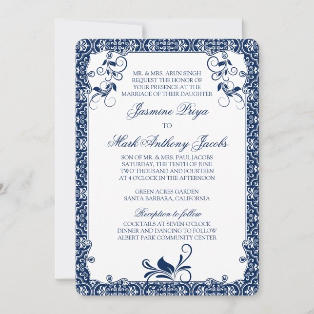Inbjudan till Rococo Blommigt Navy Blue White Wedd (Framsida)