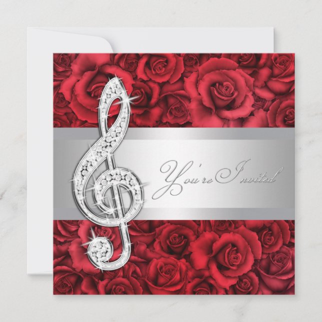 Inbjudan till röd ros Music Treble Clef-skäl (Framsida)