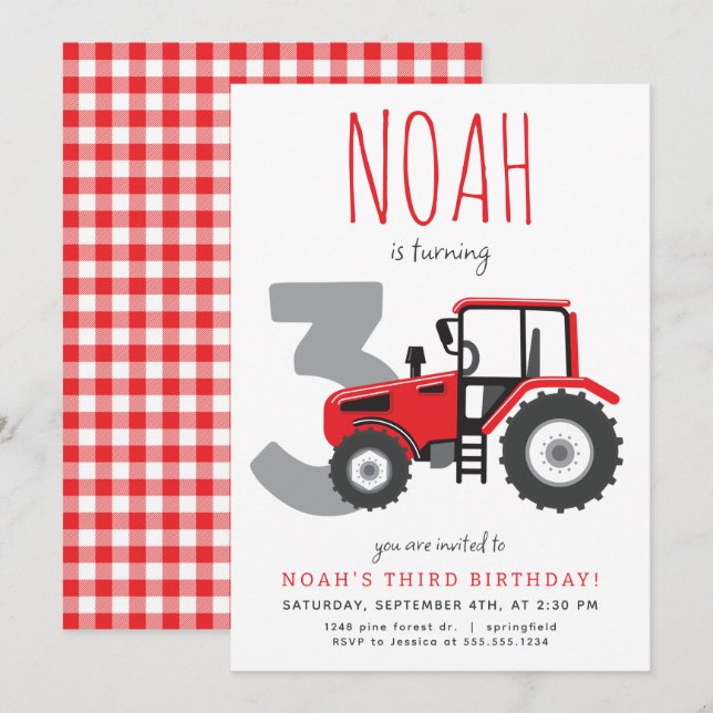 Inbjudan till Röda traktor tredje födelsedag (Fram/baksida)