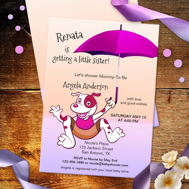 Inbjudan till Rolig hund babystölder för shock ros (funny baby shower invitation featuring a happily jumping dog with fuchsia hot pink umbrella )