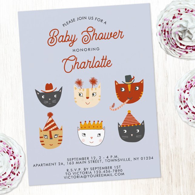 Inbjudan till roligt Cat Personlig Baby Shower  (Cute kitty cat personalized gender neutral girl or boy baby shower invitation postcard)