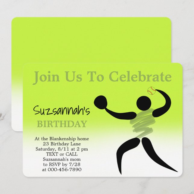 Inbjudan till roligt Girls Softball Anpassningsbar (Fram/baksida)