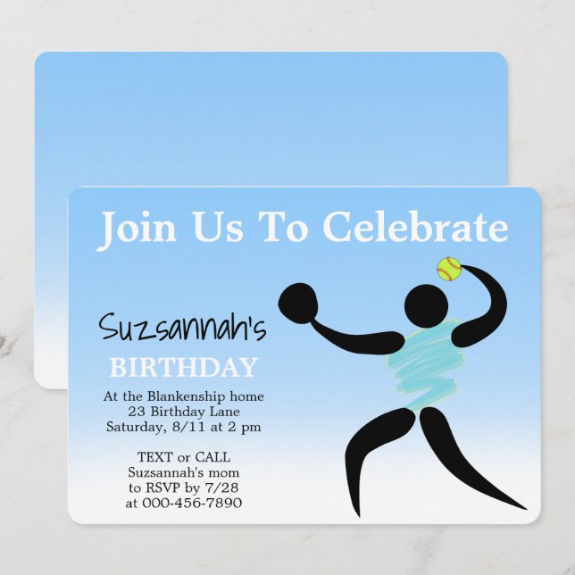 Inbjudan till roligt Girls Softball Anpassningsbar (Fram/baksida)