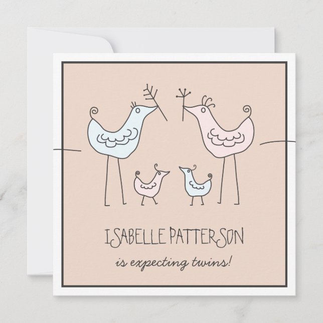 Inbjudan till Roligt Modern Birds Twin Baby Shower (Framsida)