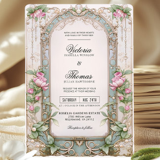Inbjudan till Romantic Art nouveau Rosa Peony Wedd