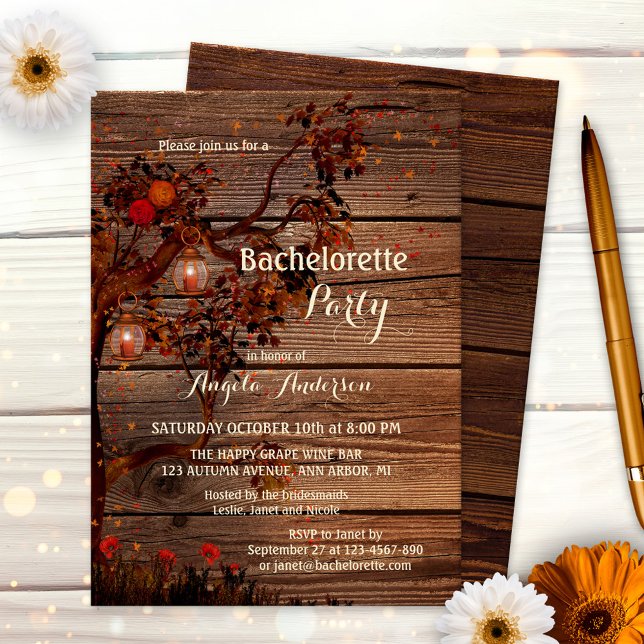 Inbjudan till Romantic Autumn Bachelorette-partiet (Rustic bachelorette invitation featuring an autumn tree with colorful leaves, roses and lanterns)