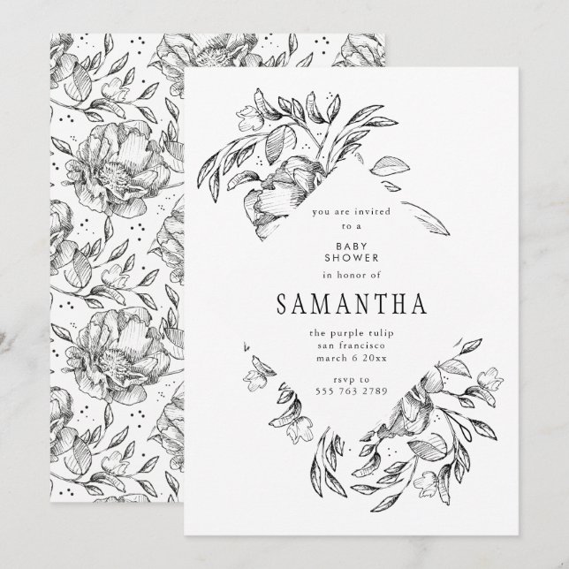 Inbjudan till Romantic Black Blommigt Baby Shower (Fram/baksida)