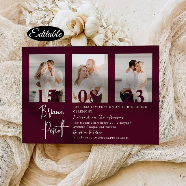Inbjudan till Romantic Burgundy Photo Collage Wedd (Skapare uppladdad)