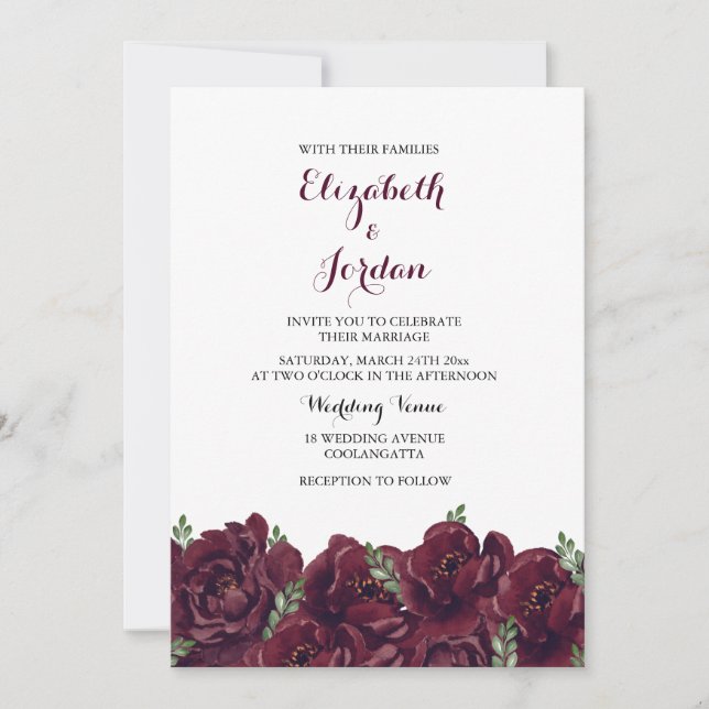 Inbjudan till Romantic Burgundy Ro Elegant bröllop (Framsida)