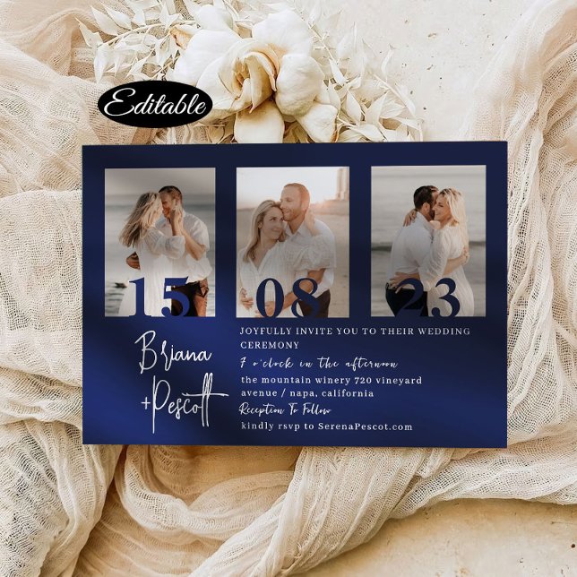 Inbjudan till Romantic Navy Photo Collage Wedding (Skapare uppladdad)