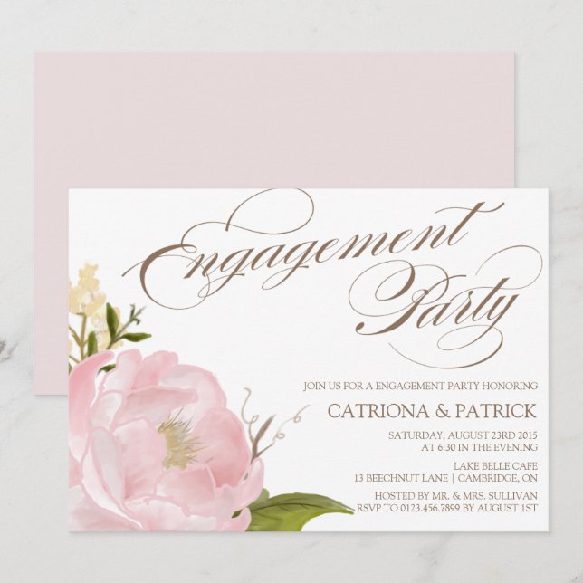 Inbjudan till Romantic Peony Flower Engagament Par (Fram/baksida)