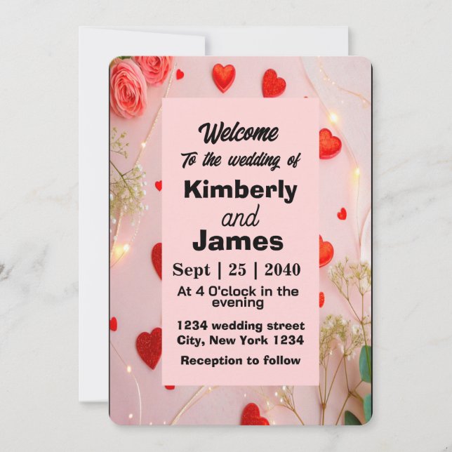 Inbjudan till Romantic Red Heart & Ro bröllop (Framsida)