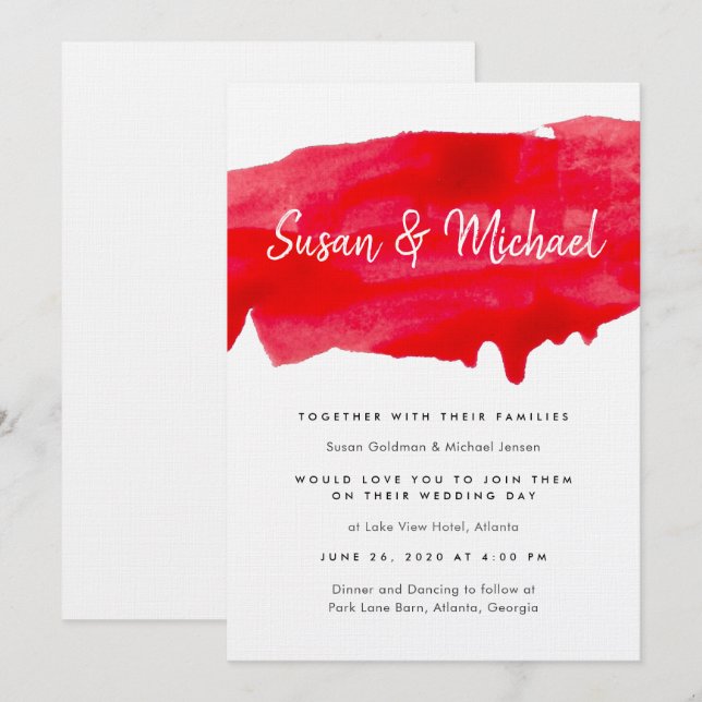 Inbjudan till Romantic Watercolor Red Wedding (Fram/baksida)