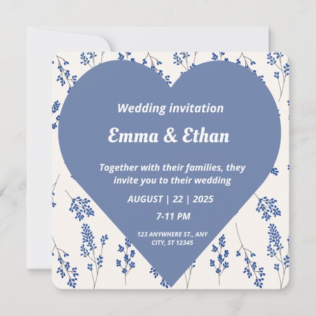 Inbjudan till Romantisk Blue Blommigt Heart Weddin (Framsida)