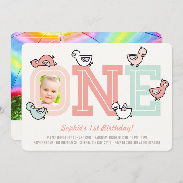 Inbjudan till Rosa Ankors Stora Ettårs Födelsedags (Fram/baksida)