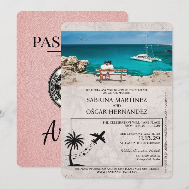 Inbjudan till rosa Aruba Passport Wedding (Fram/baksida)