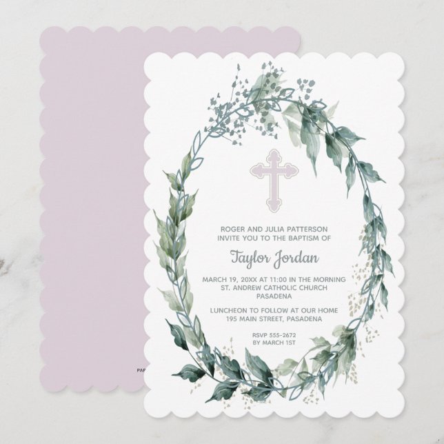 Inbjudan till Rosa av elegant Kor Baptism (Fram/baksida)