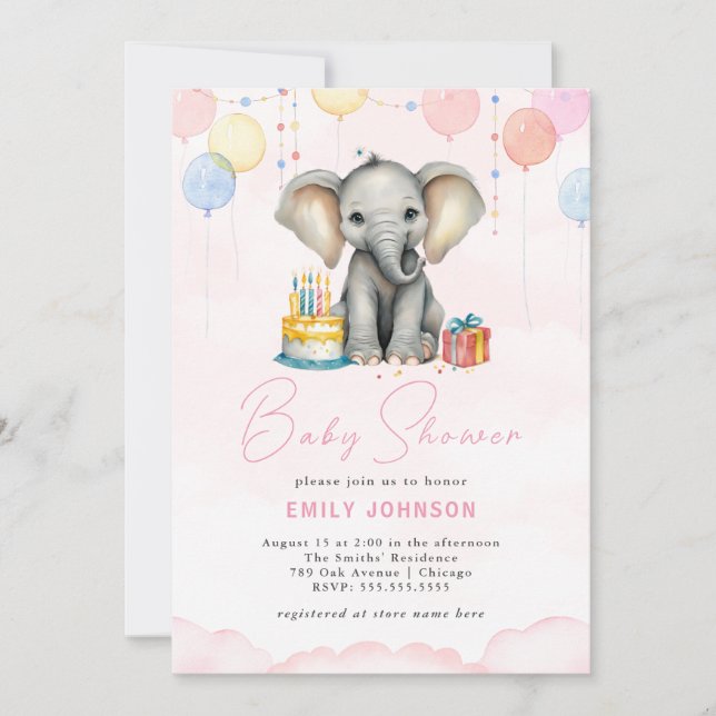 Inbjudan till Rosa av Elephant Baby Shower (Framsida)