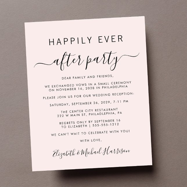 Inbjudan till Rosa av fotobröllop i budgeten (A chic budget-friendly Happily Ever After Party invitation for your wedding celebration)