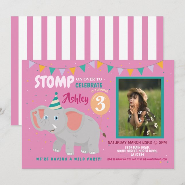 Inbjudan till Rosa av fotoutfoto i Elephant Party  (Fram/baksida)