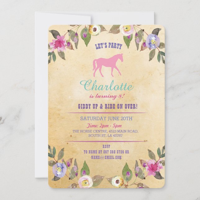 Inbjudan till Rosa av Horse Party Blommigt Inbjuda (Framsida)