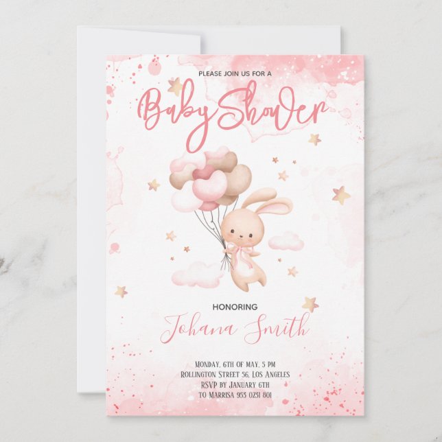 Inbjudan till rosa Babbit Balloon Baby Shower (Framsida)