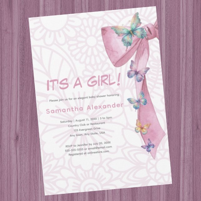 Inbjudan till Rosa-babydusch för fjäril (Butterfly pink bow baby shower invitation.  It's a girl. Girly design. Coquette pink butterfly bow.)