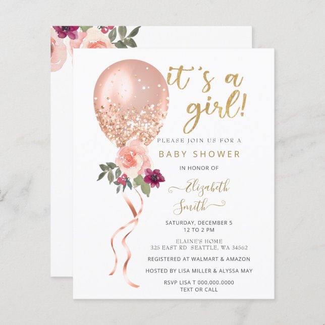 Inbjudan till Rosa Balloon Girl Baby Shower (Fram/baksida)
