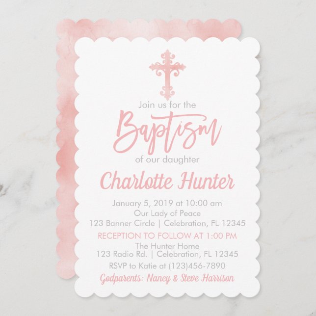 Inbjudan till Rosa Baptism för flickor (Fram/baksida)