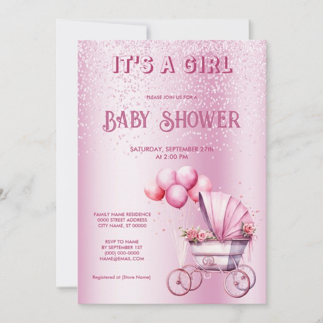 Inbjudan till rosa Barnvagn Baby Shower (Framsida)