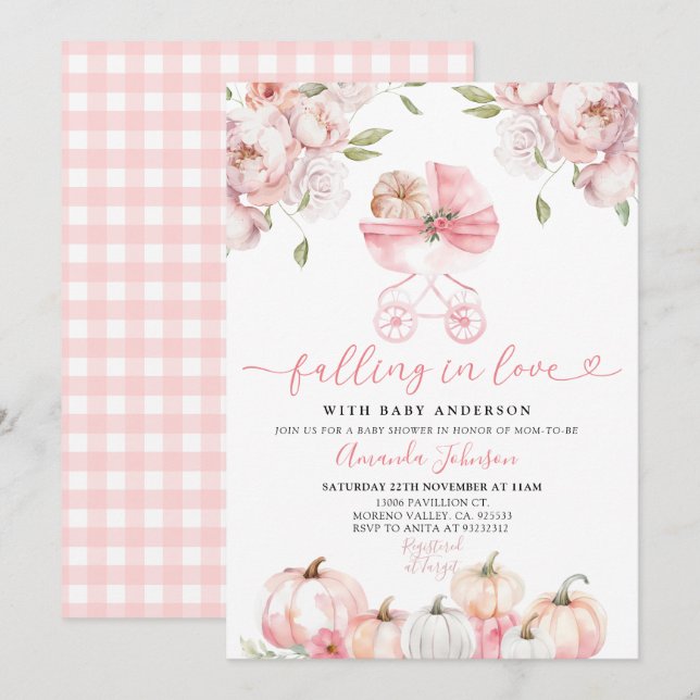 Inbjudan till rosa Barnvagn Fall Baby Shower (Fram/baksida)